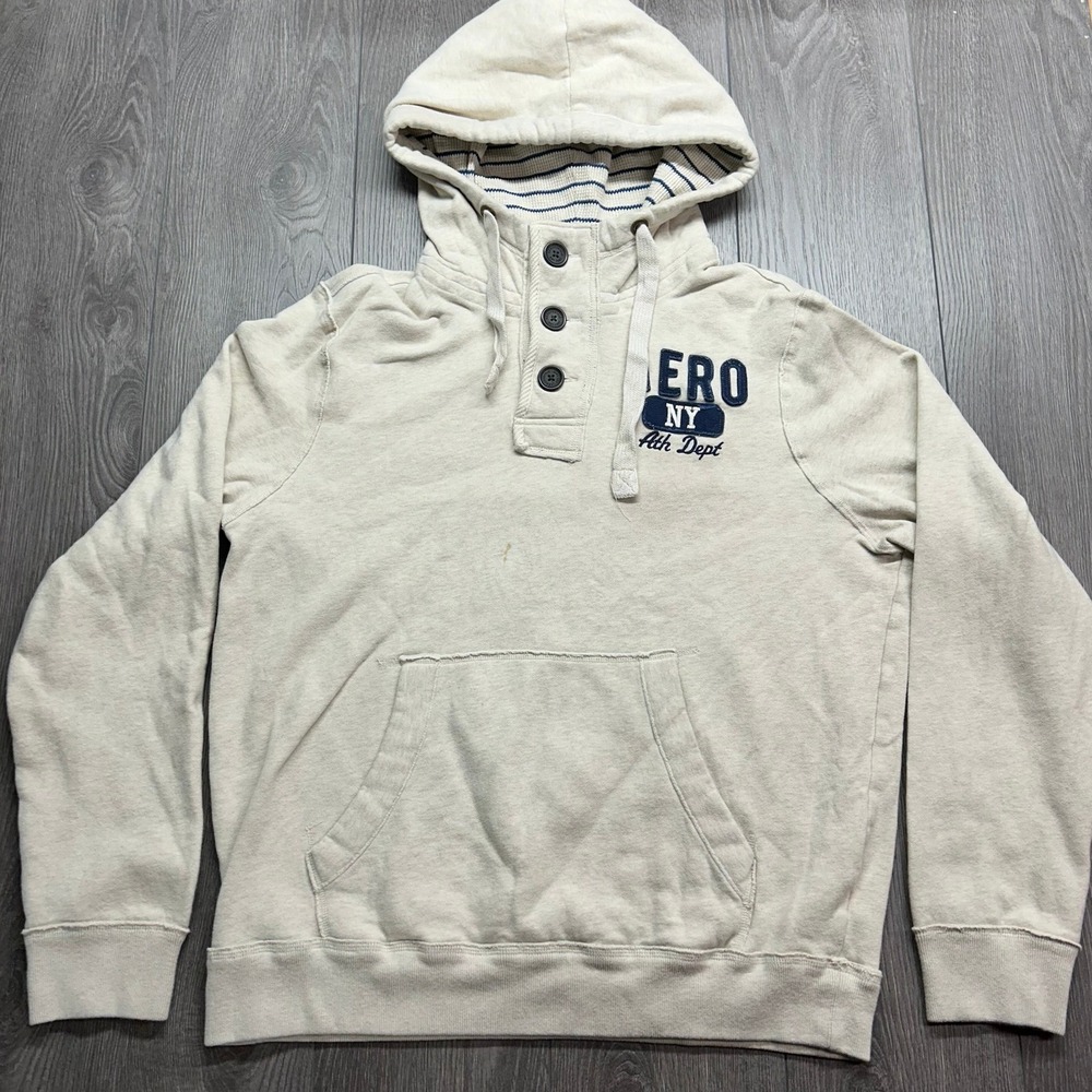 Aeropostale Mens Hoodie XL Cream Oatmeal Henley Button Y2K Pullover Vintage